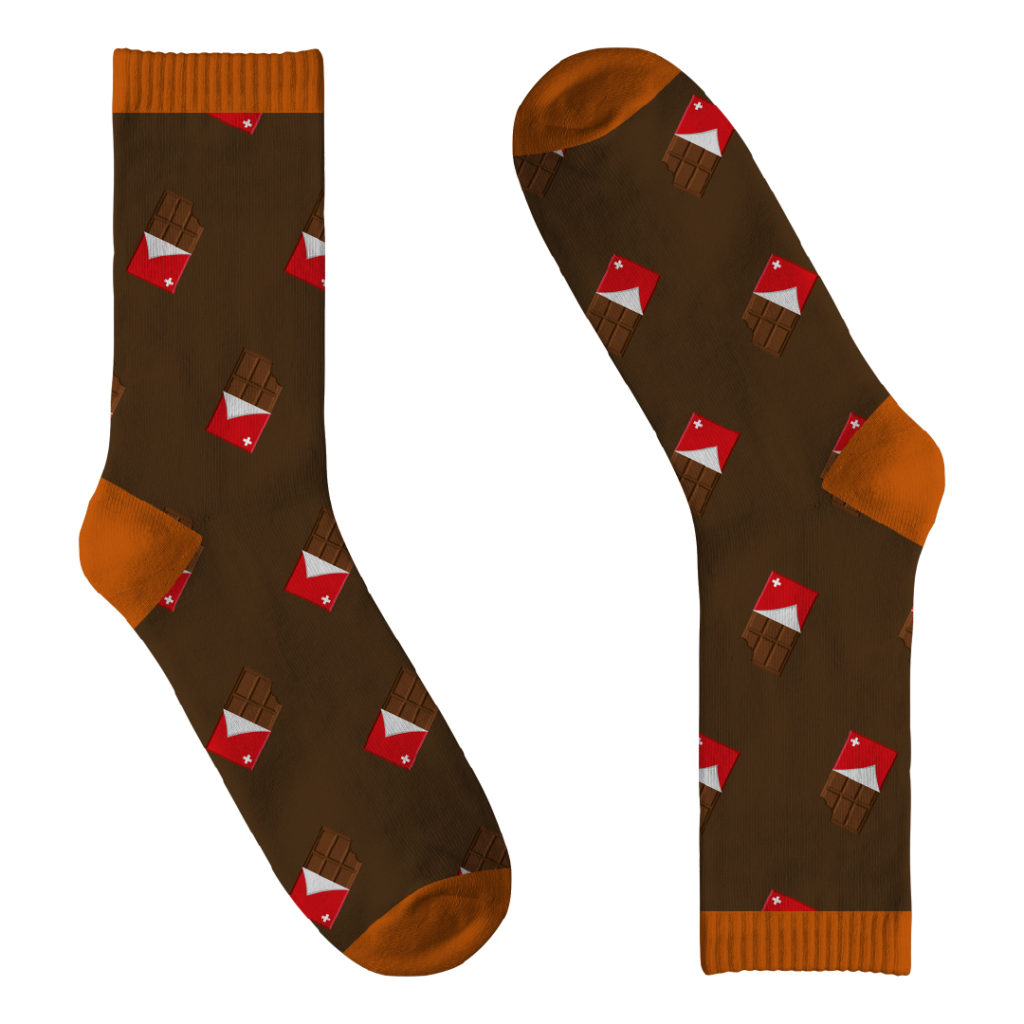 Brown and orange Swiss chocolate motif socks